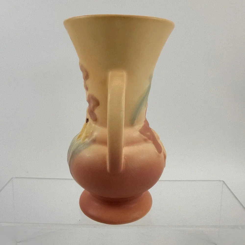 Vintage Hull Pottery Orchid Vase Two Handle 1-6.5 Pink Yellow Cream Matte 6.5in